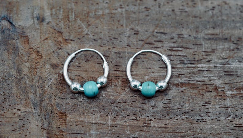 Tiny Turquoise Sterling Silver 925 Hoop Earrings, Small Hoops, Clicker Jewellery, Gift Box Option image 12
