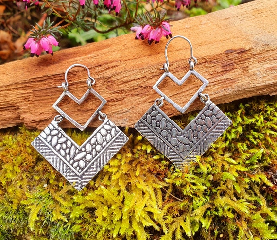 Ethnic Silver Dangle Earrings Illuminati Mandala Geometric
