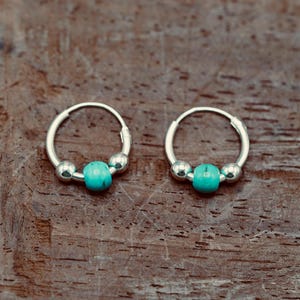 Tiny Turquoise Sterling Silver 925 Hoop Earrings, Small Hoops, Clicker Jewellery, Gift Box Option image 2