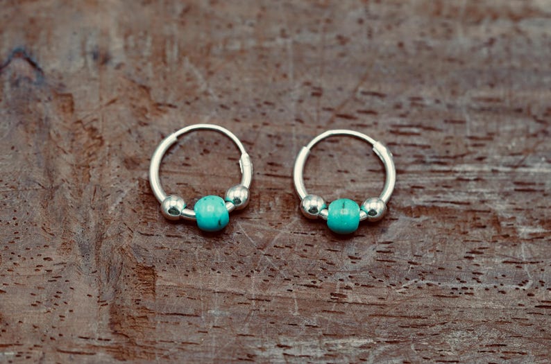 Tiny Turquoise Sterling Silver 925 Hoop Earrings, Small Hoops, Clicker Jewellery, Gift Box Option image 2