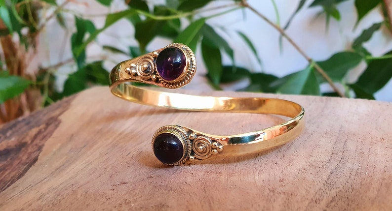 Amethyst Bracelet Boho Brass Bangle / Amethyst / Brass / Arm Bracelet / Ethnic / Rustic / Bohemian / Hippie / Gypsy / Psy / Birthstone image 6