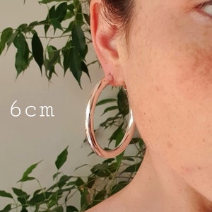 May include: Silver hoop earrings with a diameter of 6 cm. The earrings are shown on a person's ear.