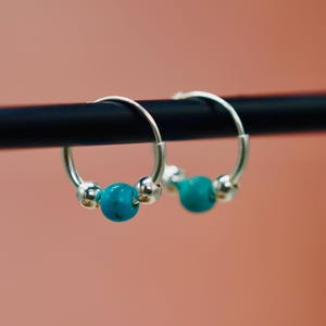 Tiny Turquoise Sterling Silver 925 Hoop Earrings, Small Hoops, Clicker Jewellery, Gift Box Option
