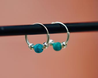 Tiny Turquoise Sterling Silver 925 Hoop Earrings, Small Hoops, Clicker Jewellery, Gift Box Option