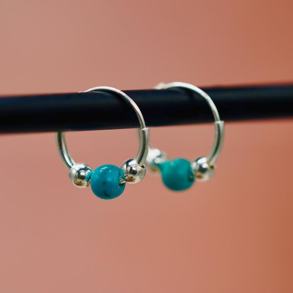 Tiny Turquoise Sterling Silver 925 Hoop Earrings, Small Hoops, Clicker Jewellery, Gift Box Option