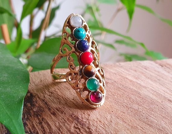 Seven Chakras Ring 7 Chakras Gold Ring Brass Yoga Reiki Boho Hippie Rustic Ethnic Crystals Third Eye Illuminati Etsy