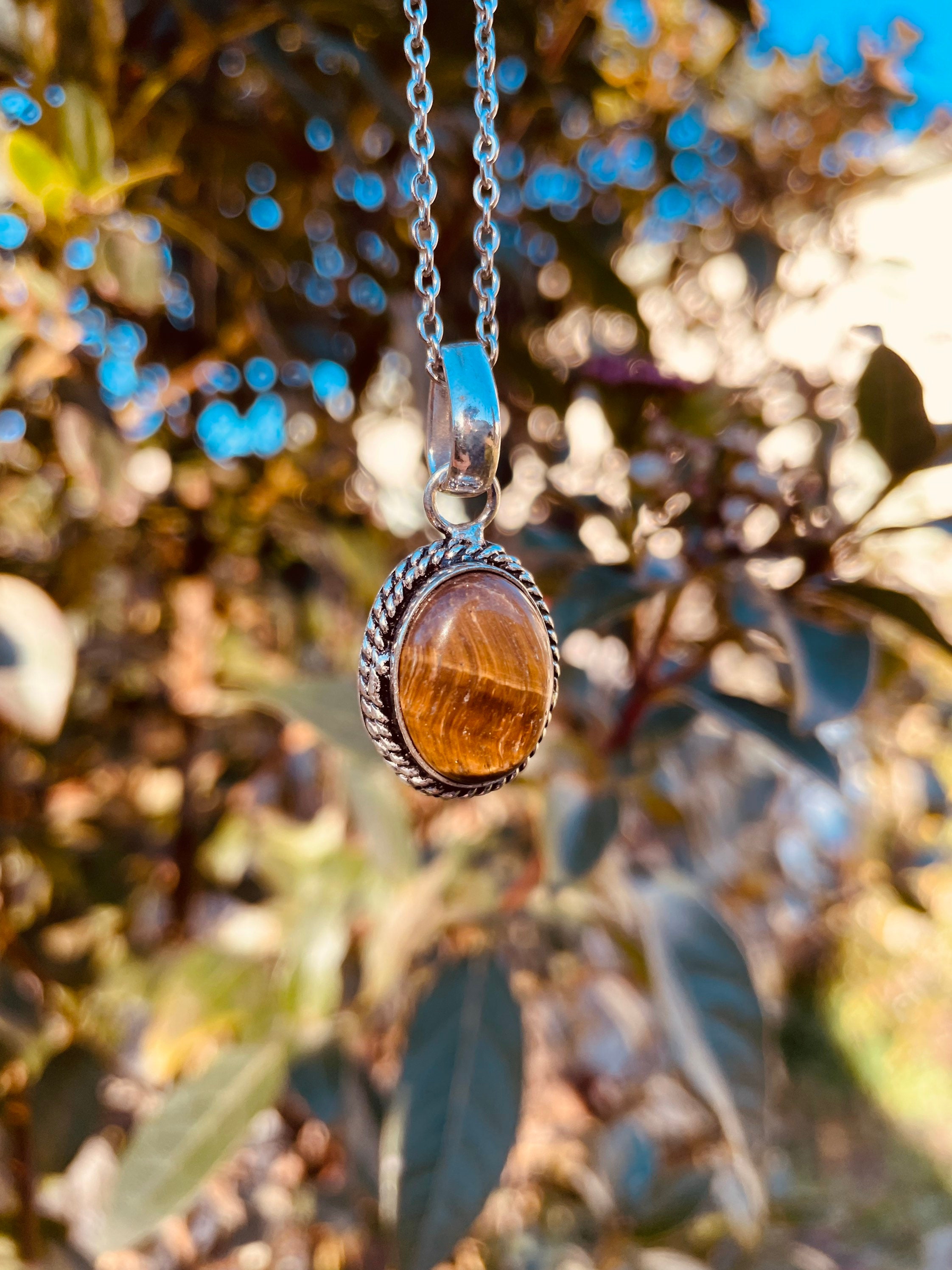 Collier Plaqué Argent œil De Tigre - Pierre Ovale - Style Ethnique Bohème - Neuf