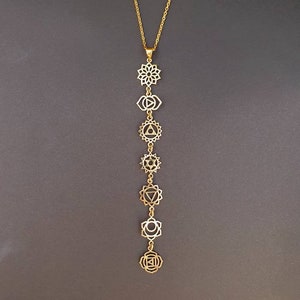 Collar Oro Siete 7 Chakras / Hipoalergénico / Latón / Yoga / Reiki / Boho / Hippie / Rústico / Étnico / Cristales / Tercer Ojo / Illuminati imagen 1