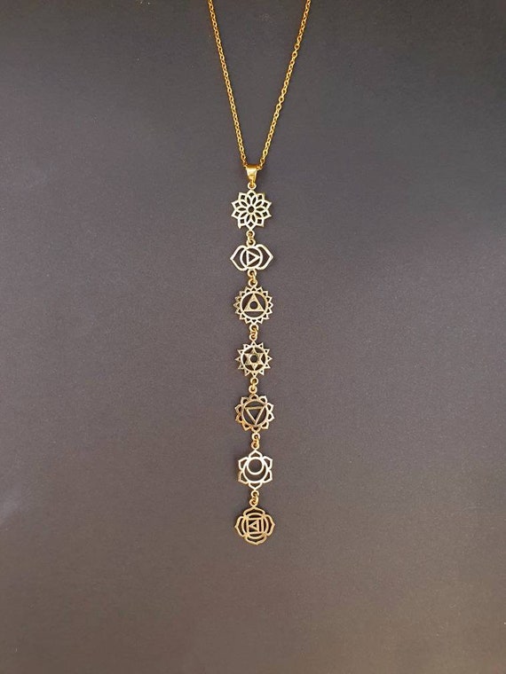 Gold Seven 7 Chakras Necklace / Hypoallergenic / Brass / Yoga / Reiki /  Boho / Hippie / Rustic / Ethnic / Crystals / Third Eye / Illuminati 