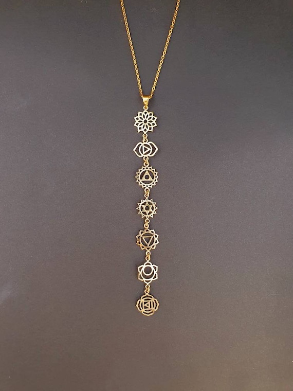 Gold Seven 7 Chakras Necklace / Hypoallergenic / Brass / Yoga / Reiki /  Boho / Hippie / Rustic / Ethnic / Crystals / Third Eye / Illuminati 