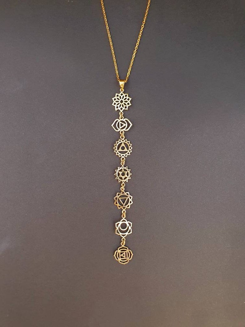 Gold Seven 7 Chakras Necklace / Hypoallergenic / Brass / Yoga / Reiki / Boho / Hippie / Rustic / Ethnic / Crystals / Third Eye / Illuminati image 1