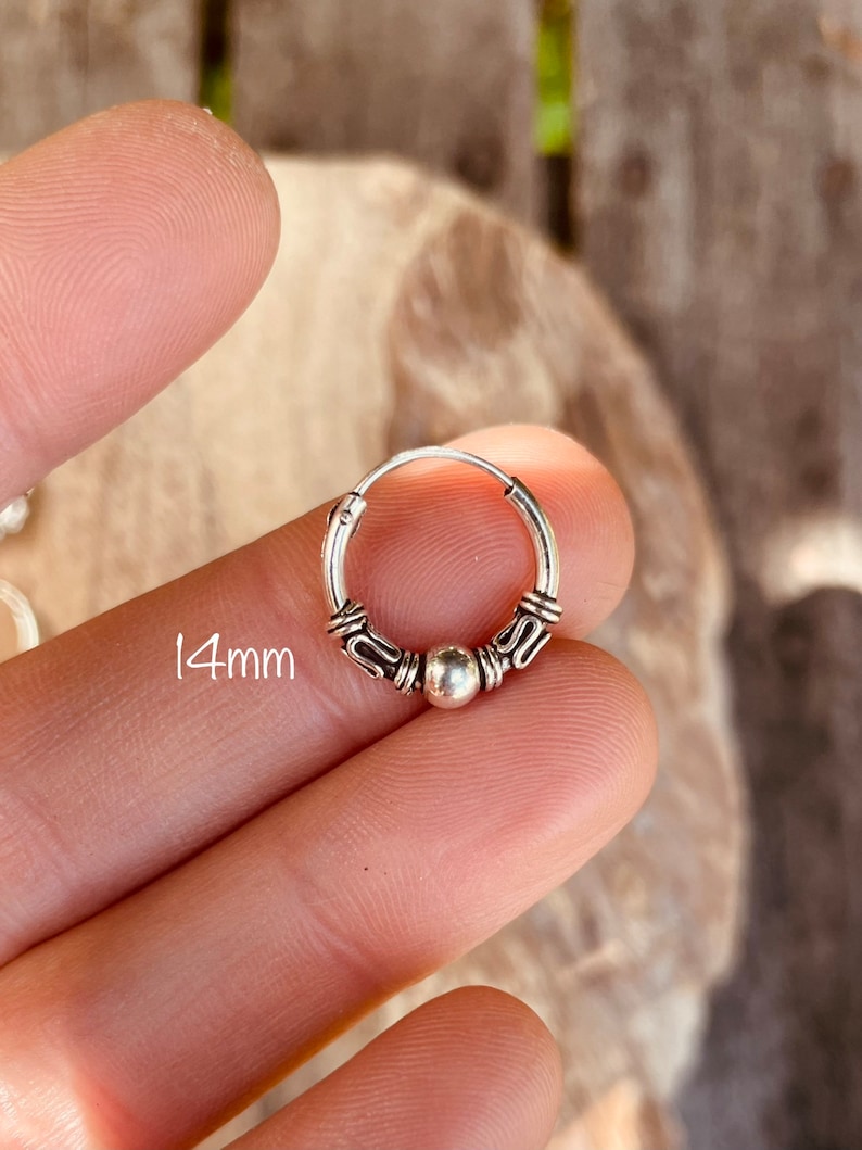 Sterling Silver 925 Hoop Earrings Bali Style Sleeper Dainty Hypoallergenic / Ethnic / Rustic / Bohemian / Gypsy / Hippie / Festival / style 14mm