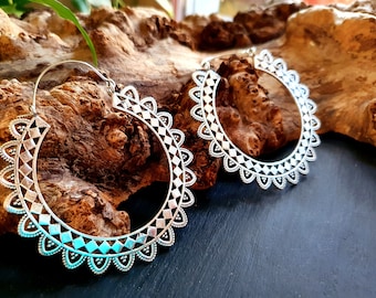 Extra Large Silver Hoop Earrings; Boho Ethnic Rustic Indian Festival Psy Gypsy Spiral Hippie style