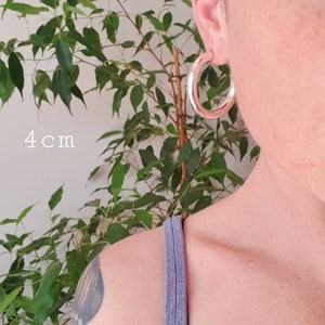 May include: Silver hoop earrings with a diameter of 4 cm. The earrings are shown on a person's ear.