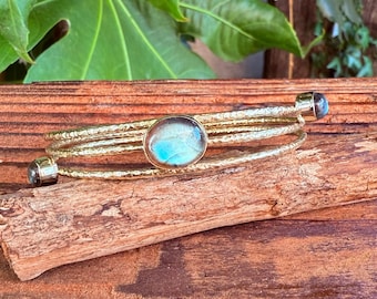 Labradorite Hammered Brass Bracelet, Adjustable Bohemian Bangle, Gift for Her
