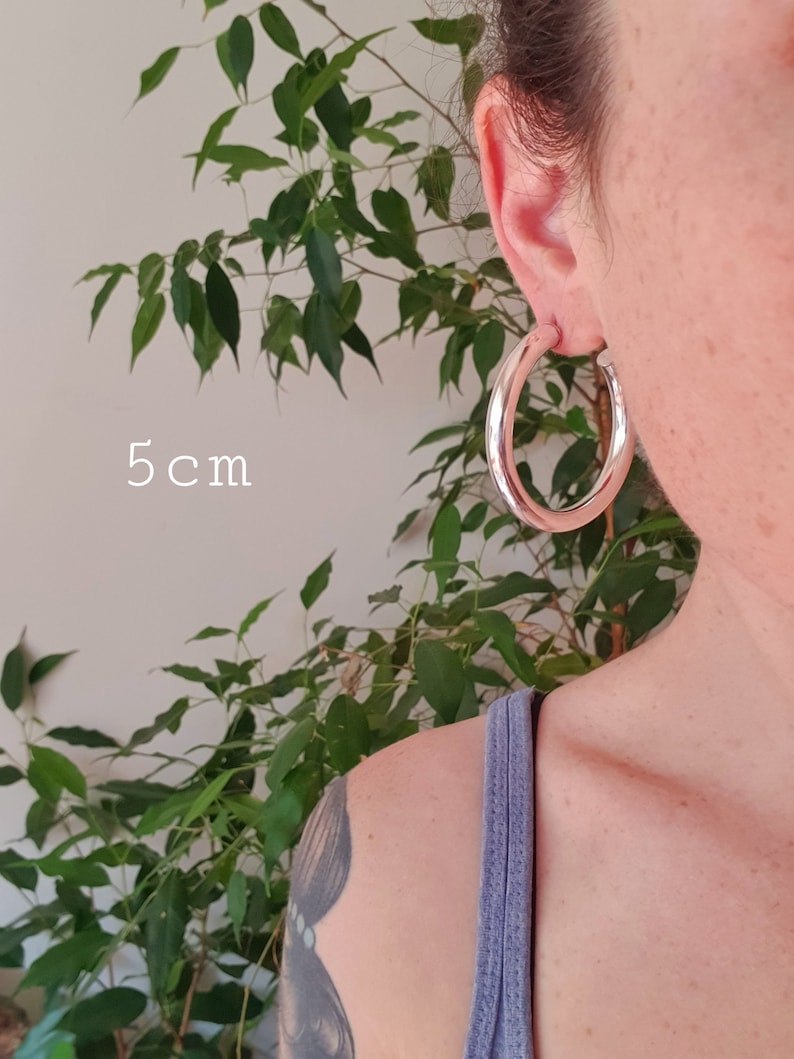 May include: Silver hoop earrings with a diameter of 5 cm. The earrings are shown on a person's ear.
