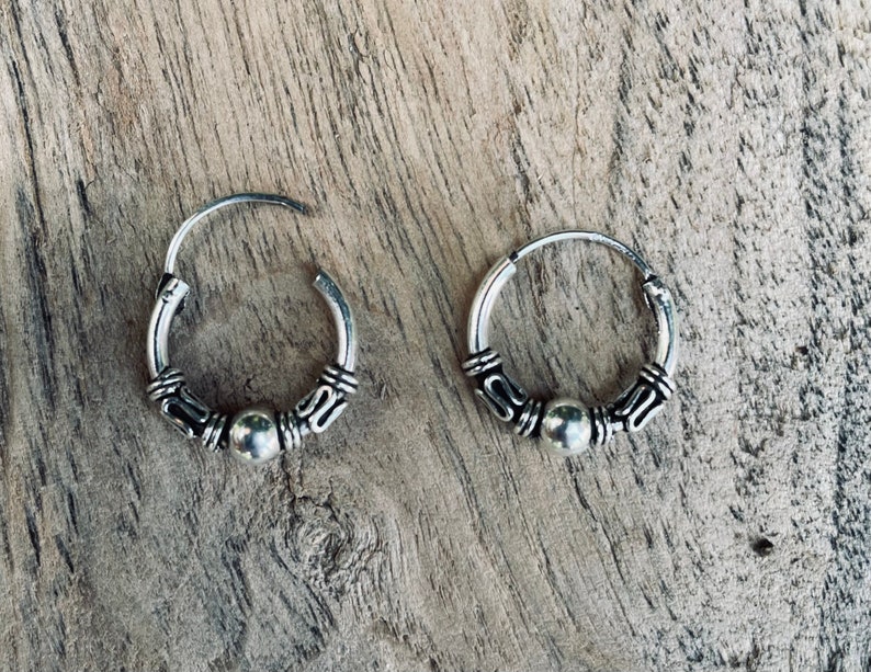 Sterling Silver 925 Hoop Earrings Bali Style Sleeper Dainty Hypoallergenic / Ethnic / Rustic / Bohemian / Gypsy / Hippie / Festival / style image 3