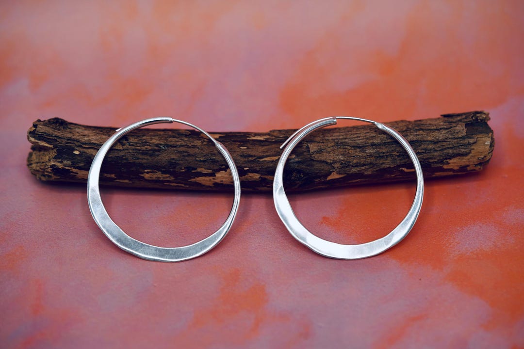 Hammered Flat Silver Hoop Earrings, Bohemian Hoops, Ethnic Jewellery, Everyday Silver Earrings - Etsy UK