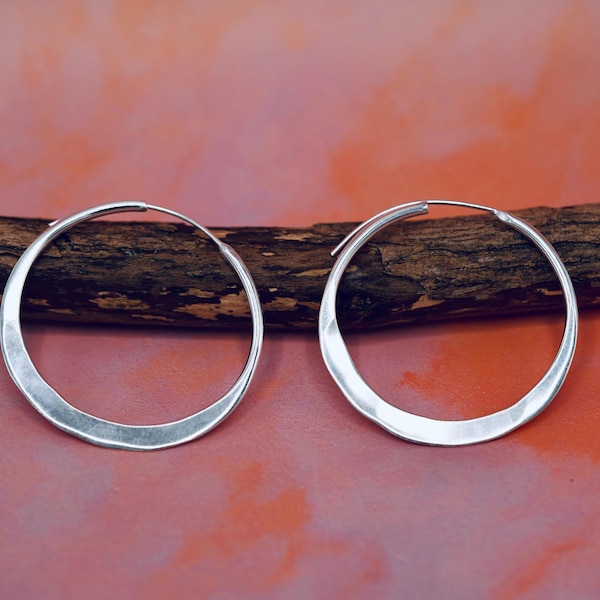 Hammered Flat Silver Hoop Earrings, Bohemian Hoops, Ethnic Jewellery, Everyday Silver Earrings