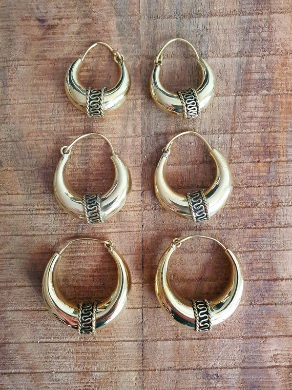 Bali Hoop Earrings Chunky Gold Earrings Ethnic Rustic