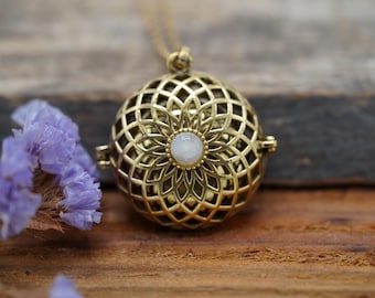 Gold Bola Necklace Brass & Moonstone, Gift for Pregnant Woman, Pregnancy Present, Stainless Steel Chain