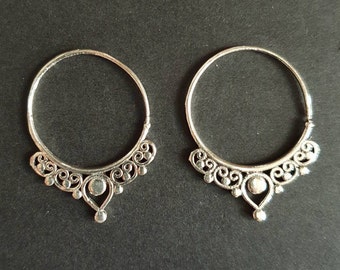 Small Boho Silver Hoop Earrings; Ethnic, Geometric,  Small, Rustic, Yoga, Hippie, Gypsy, Pretty, Ssy, Boho, Bohemian, Festival