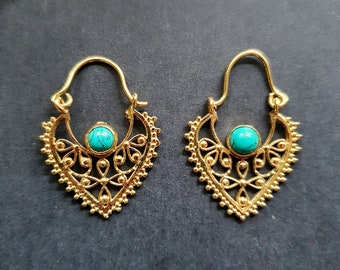 Small Boho Earrings Turquoise Brass Earrings / Triangle / Mandala / Ethnic / Rustic / Yoga / Hippie / Gypsy / Psy / Bohemian / Festival