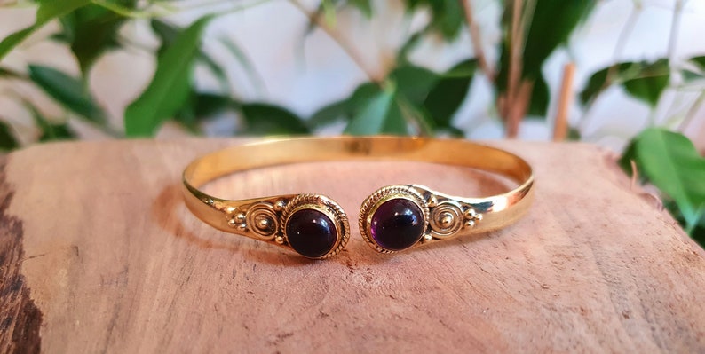 Amethyst Bracelet Boho Brass Bangle / Amethyst / Brass / Arm Bracelet / Ethnic / Rustic / Bohemian / Hippie / Gypsy / Psy / Birthstone image 2