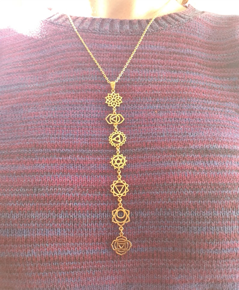 Gold Sieben 7 Chakren Halskette / Hypoallergen / Messing / Yoga / Reiki / Boho / Hippie / Rustikal / Ethnisch / Kristalle / Drittes Auge / Illuminati Bild 5