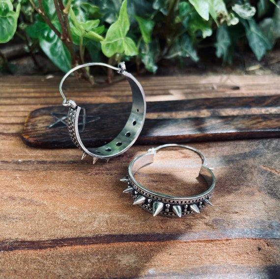Silver Spike Hoop Earrings / Steampunk / Boho Jewellery / Punk / Goth Fashion / Tattoo / Ethnic / Rustic /  Gypsy / Spiral / Hippie style