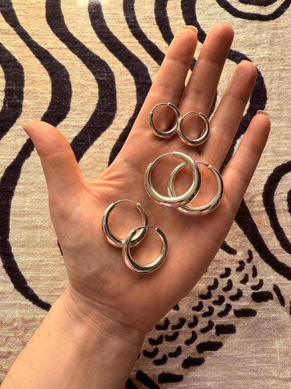 Small Sterling Silver Chunky Hoop Earrings 925 Hypoallergenic Classic  Jewelery Rustic Bohemian Hippie Chunky Fashion Style