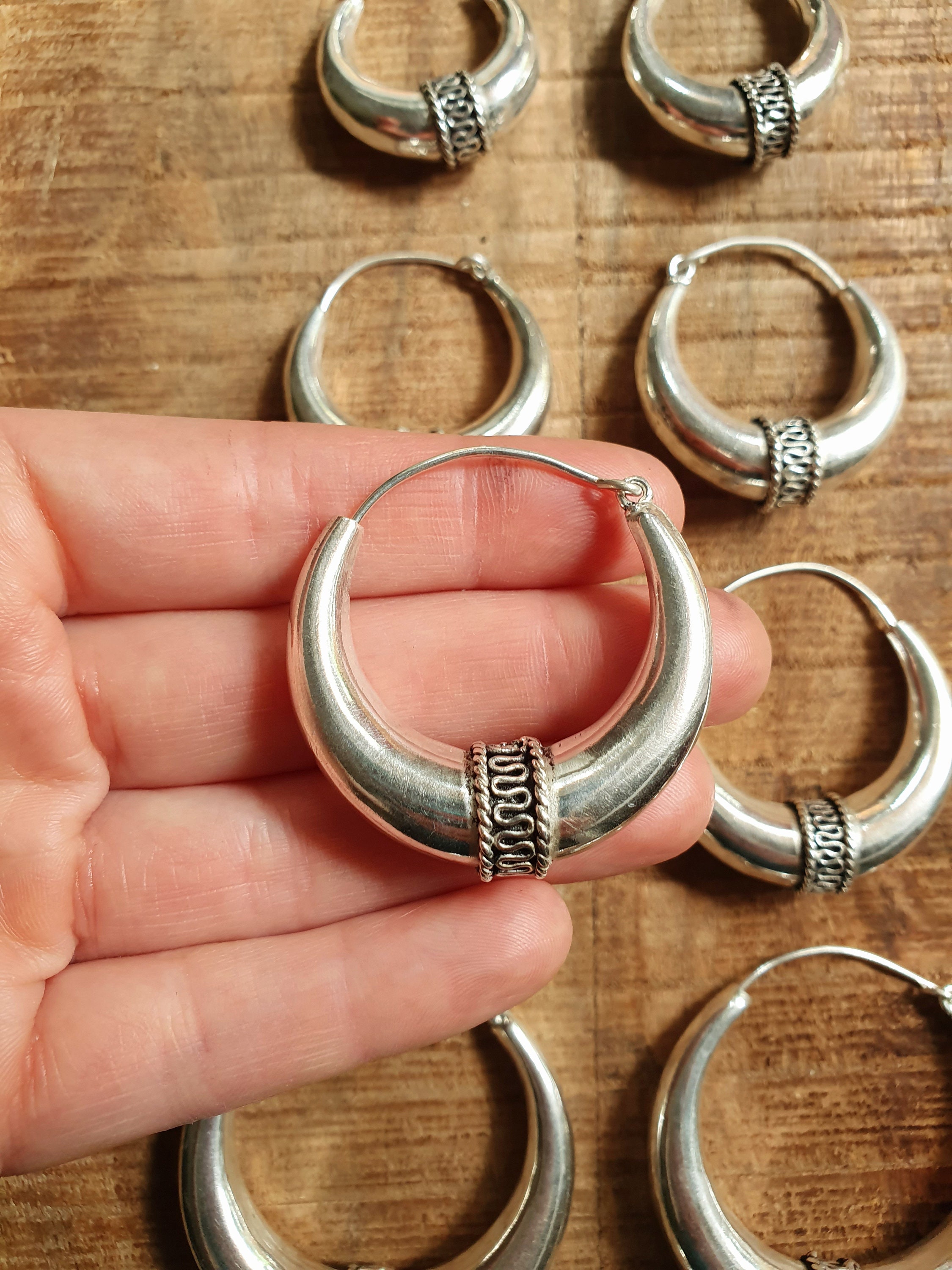 Boucles D'oreilles Créoles Bali En Argent Massif 925 - 14 Mm, Style Ethnique Garanti