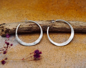 Hammered Flat Silver Hoop Earrings Butterfly Back, Irregular Silver Hoops, Ethnic Jewellery, Everyday Silver Earrings