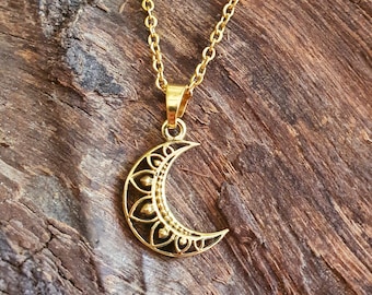 Gold Crescent Moon Necklace / Hypoallergenic / Silver / Boho / Hippie / Rustic / Ethnic / Hypoallergenic / Third Eye / Illuminati