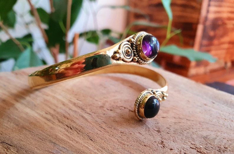 Amethyst Bracelet Boho Brass Bangle / Amethyst / Brass / Arm Bracelet / Ethnic / Rustic / Bohemian / Hippie / Gypsy / Psy / Birthstone image 7