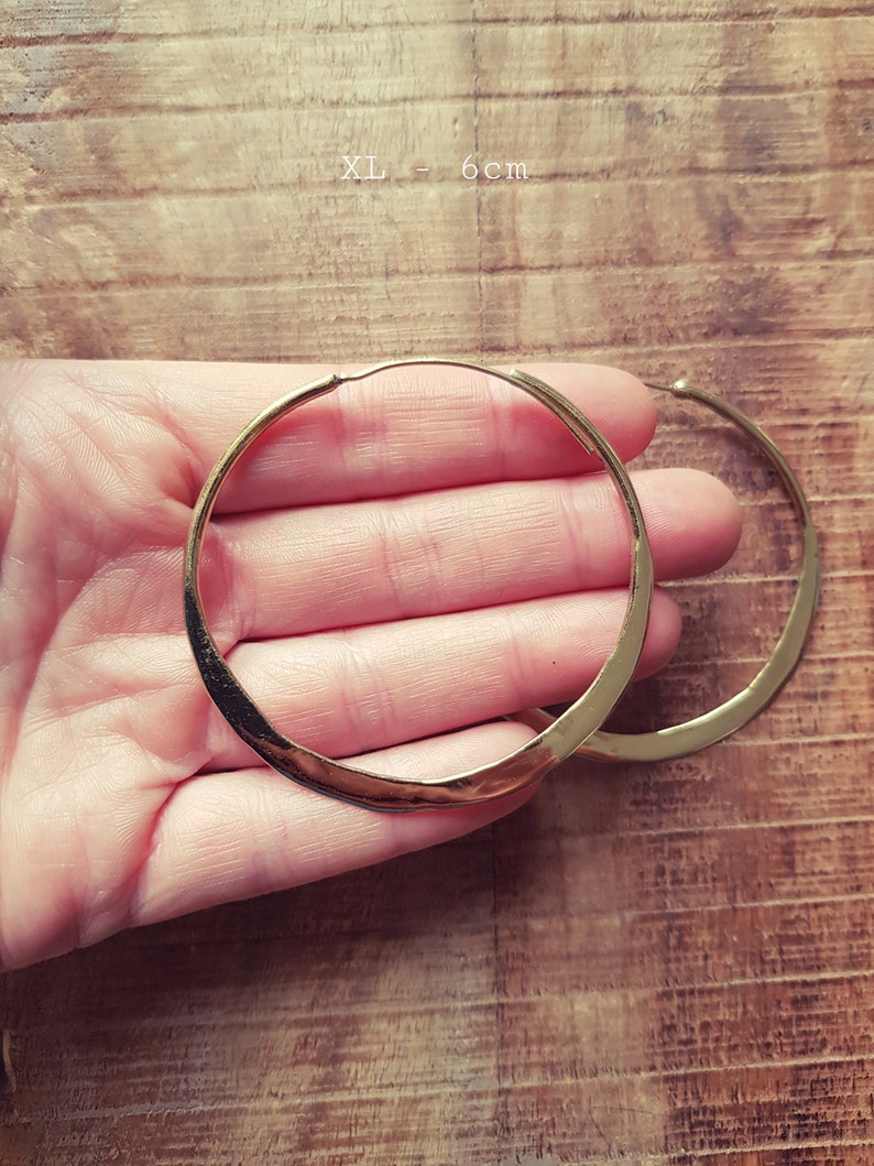 Rustic Gold Hoops / Hammered Flat / Brass Hoops / Ethnic Boho Classic XL Bohemian Chic Gold Gypsy Spiral Hippie Hiphop Festival image 6