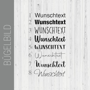 Könnte beinhalten: Ein weißer Holzgrund mit acht nummerierten Optionen zur Textanpassung. Jede Option zeigt den Text "Wunschtext" in einem anderen Schriftstil an.
