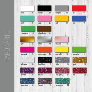 May include: A color chart with 28 different colors, including white, black, red, blue, green, yellow, pink, orange, gold, silver, and more. The chart is labeled "FARBKARTE" in German.