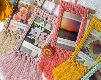 Portafotos de macramé, decoración de pared boho, bambú y algodón