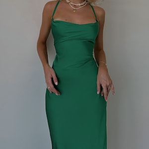 Green Silk Slip Dress Womens, Open Back Midi Silk Slip, Green Cowl Neck Silk Slip Dress for Bridesmaids, Silk Cross Back Slip Wedding Guest