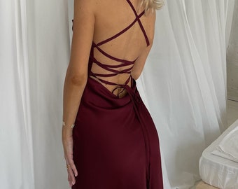 Burgundy Midi Silk Slip Dress, Open Back Midi Silk Slip, Cowl Neck Silk Slip Dress for Bridesmaids, Silk Cross Back Slip Wedding Guest Dress