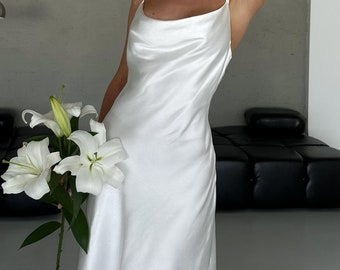 White Silk Midi Slip Dress, Cowl Neck, Elopement Wedding