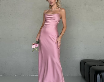 Dusty Pink Midi Silk Slip Dress, Open Back Midi Silk Slip, Cowl Neck Silk Slip Dress for Bridesmaids, Silk Cross Back Slip Wedding guest