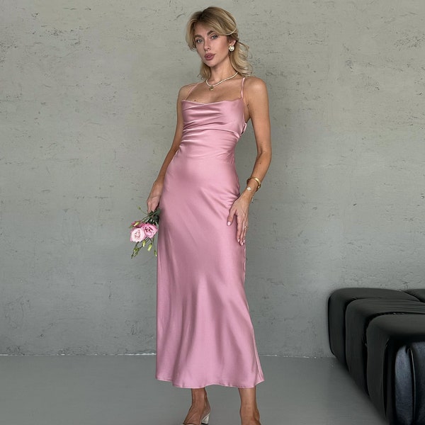 Dusty Pink Midi Silk Slip Dress, Open Back Midi Silk Slip, Cowl Neck Silk Slip Dress for Bridesmaids, Silk Cross Back Slip Wedding guest