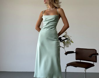 Pistachio Green Silk Slip Dress, Open Back Cowl Neck Midi