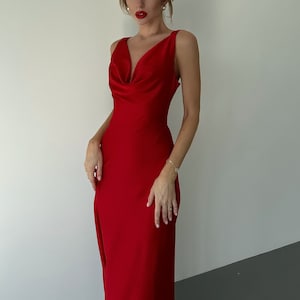 Red Silk Slip Maxi Dress for Women, Classic Maxi Silk Slip for Special Occasions, Cowl Neck Silk Slip Dress for Engagement or Birthday