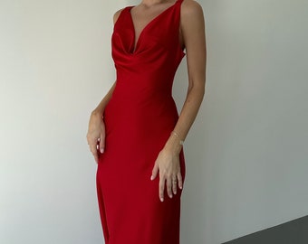 Red Silk Slip Maxi Dress for Women, Classic Maxi Silk Slip for Special Occasions, Cowl Neck Silk Slip Dress for Engagement or Birthday