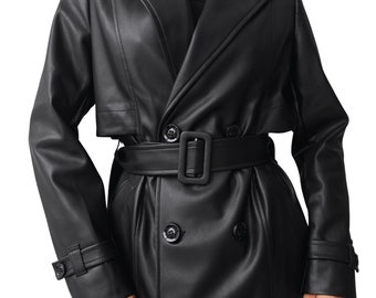 Black Faux Leather Trench Coat, Belted Vegan Leather Jacket