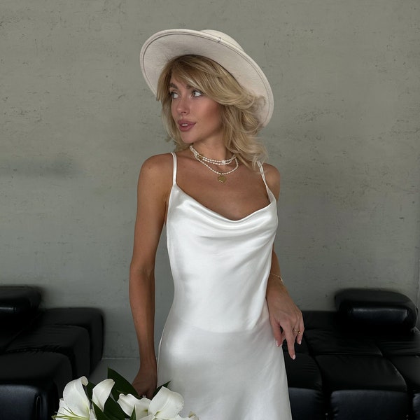 White Silk Slip for Women, Classic Midi Silk Slip for Elopement, Cowl Neck Silk Slip Dress for Civil or Courthouse Wedding