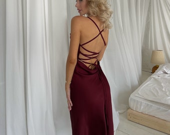 Burgundy Midi Silk Slip Dress, Open Back Midi Silk Slip, Cowl Neck Silk Slip Dress for Bridesmaids, Silk Cross Back Slip Wedding guest dress